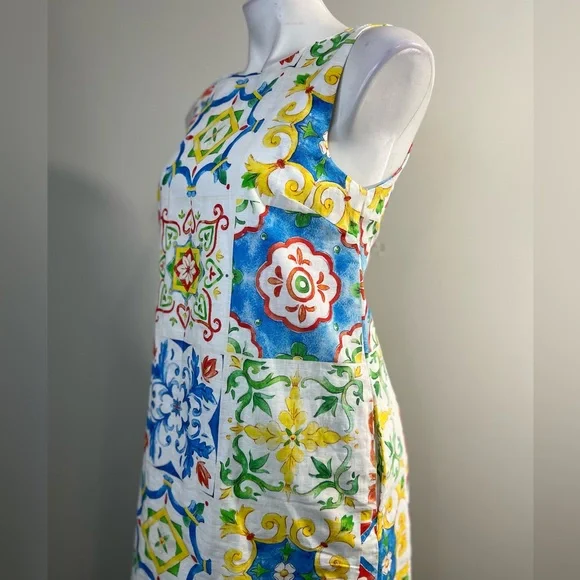 Prosperina Catania Sicilian Tile Print Shift Dress xs sleeveless linen blend - Picture 4 of 6